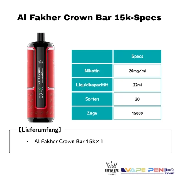 Al Fakher Crown Bar 15K Specs
